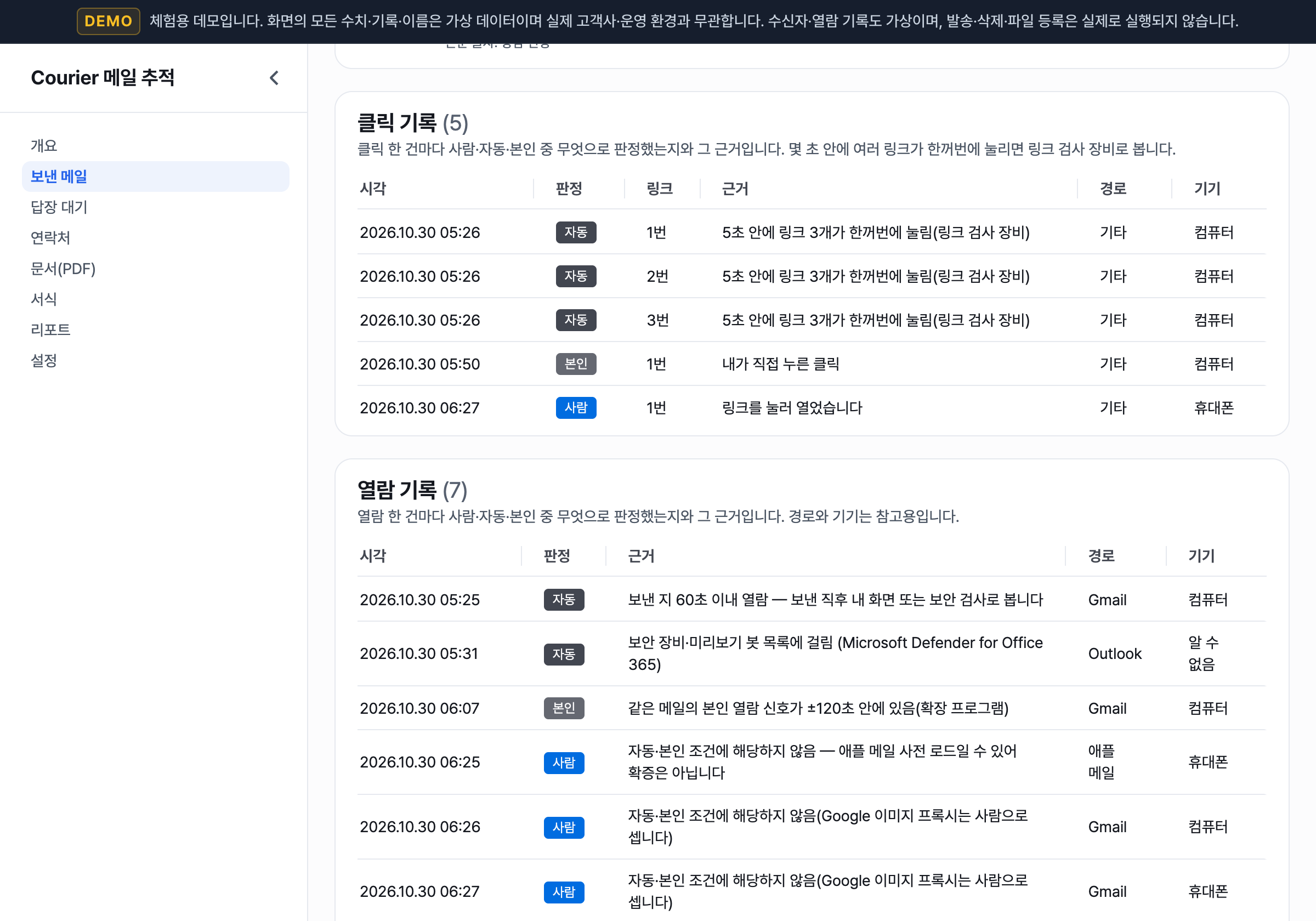 사람의 열람과 기계의 자동 열람을 구분합니다 — 데모 화면