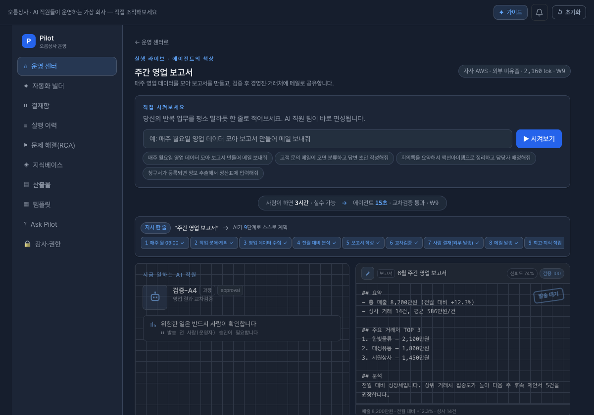 지금 뭘·왜 하는지 다 보이고, 위험한 일엔 결재가 멈춥니다 — 데모 화면